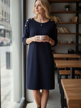 Talbots Navy Blue Sweater Dress with Button Accents